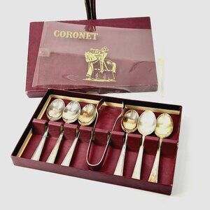 Vtg Estate Coronet Silver Plated Flatware Boxed Espresso Spoons Sugar Cube Tongs
